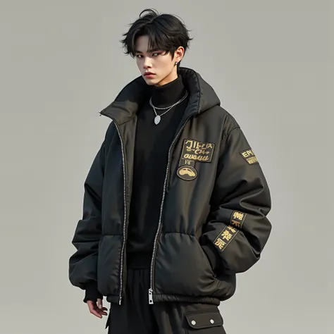 Create a hyper-realistic image , with a very high level of detail and realistic quality, de um homem de 20 anos com características coreana e br
 vestuário:
- An oversized black coat with silver details: turtleneck covering a bit of the mouth and bulky, si...