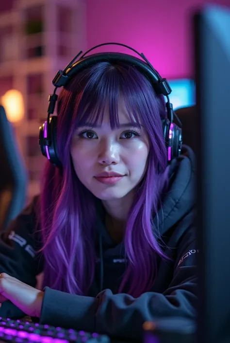 a close up of a person with headphones on sitting in front of a computer, twitch streamer, wearing a gaming headset, twitch streamer / gamer ludwig, wearing gaming headset, dark purple hair and cybernetics, wearing purple headphones, streaming on twitch, p...