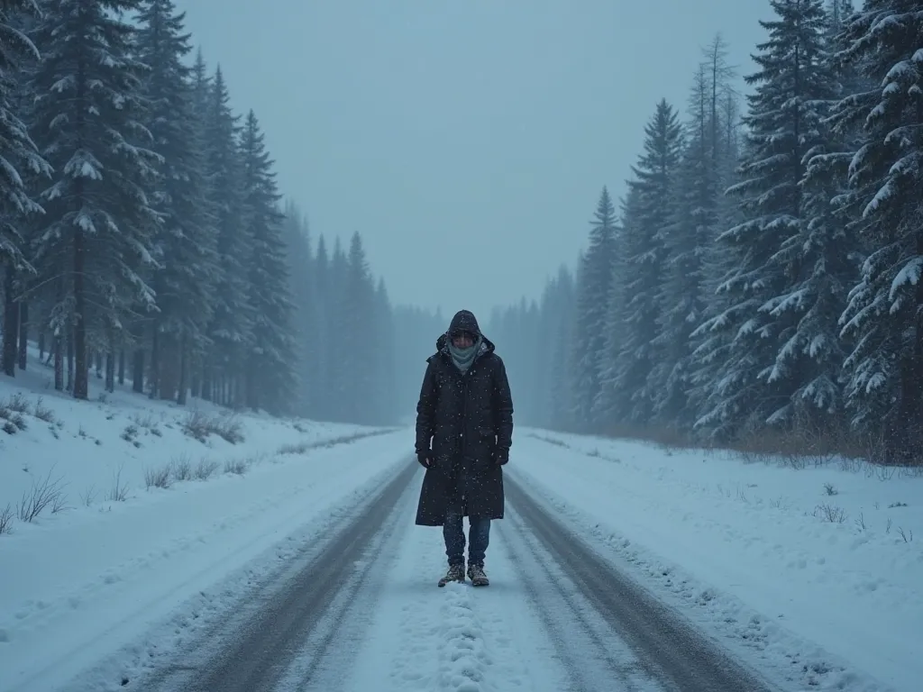 Image of desolate road man in the middle of snow blue filter style dark ambient