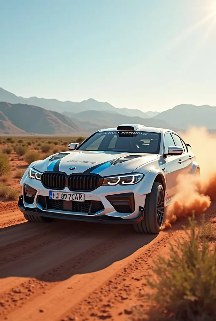 Realistic photo, BMW 3 Series   , white with light blue accents,  rally version ,  aggressive body kit , African savanna, raised suspension and large wheels