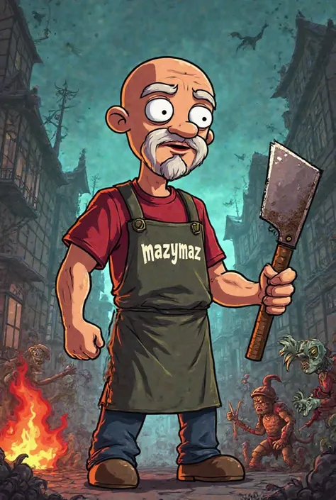 n in the classic family guy style of a bald man,  extremely thin, with thick eyebrows, short beard and round face. He wears an apron with the inscription 'mazymaz' in white letters and holds a butcher's machete. He is in the middle of a battle against the ...