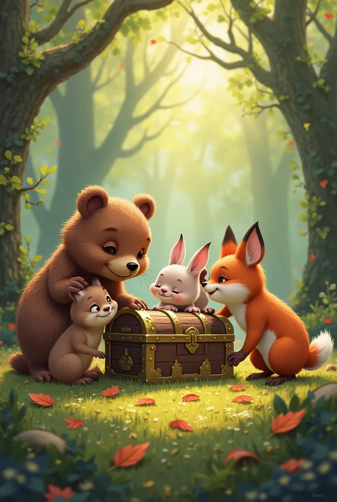 Tobi the bear then ran to call his friends: The little rabbit Lili, the squirrel Nico and the fox Flora. Everyone gathered around the chest and tried to open it together, but nothing happened.