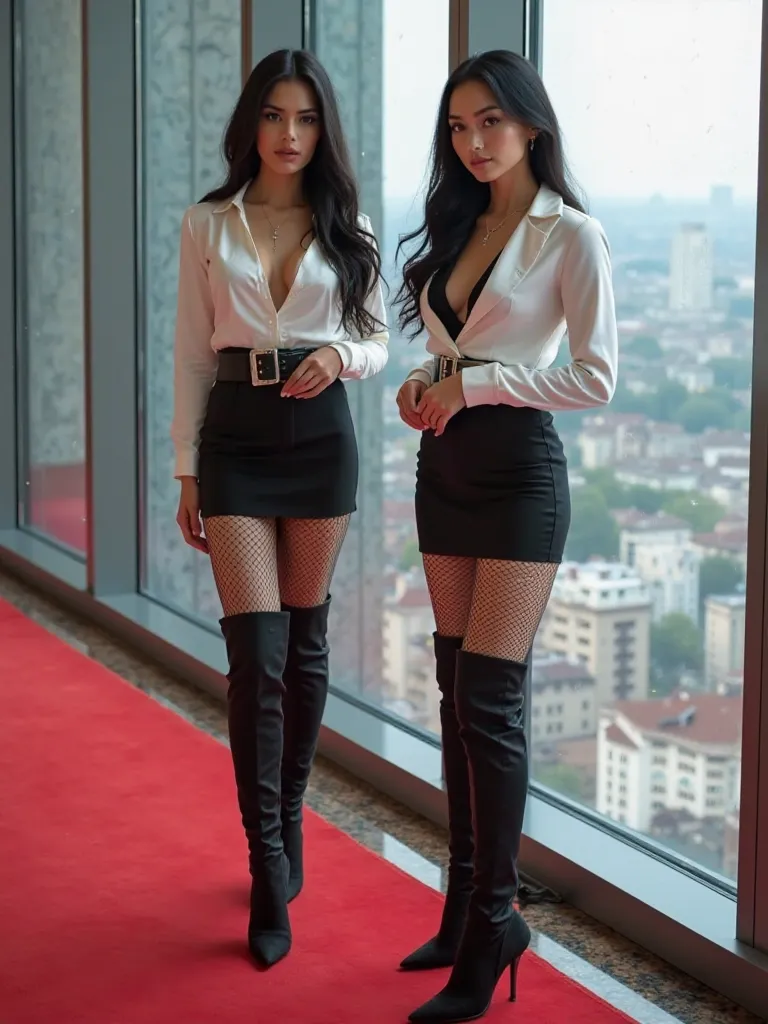 2 businesswomen in suits,  mini skirt,  high heeled over the knee boots with high stiletto heels, Open the remaining buttons on the blouse with your hands, white open satin blouse, no jacket, chunky fishnet tights, standing with legs apart at the window in...