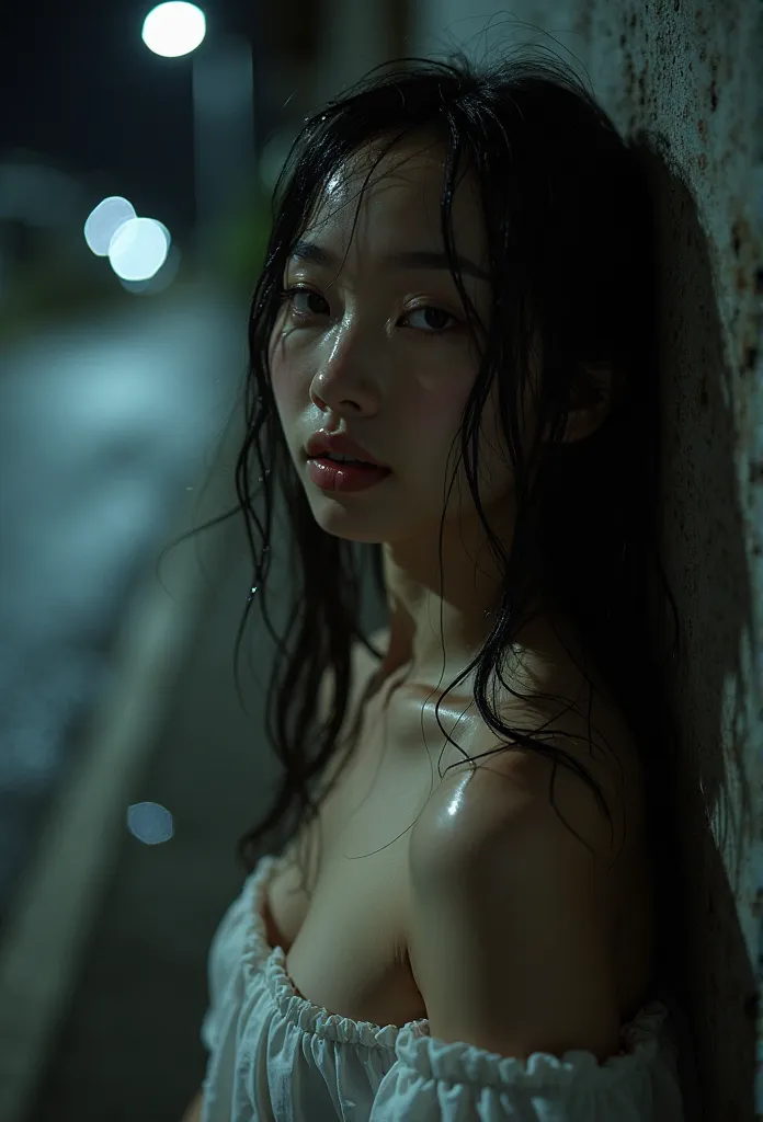   High angle shot of a beautiful and sexy Japanese woman , leaning against a  dark wall in a  dark corner on the side of the road. All around her there was complete  darkness. Only a dim light illuminated her.,  face up,  white skin,  long spreading hair ,...