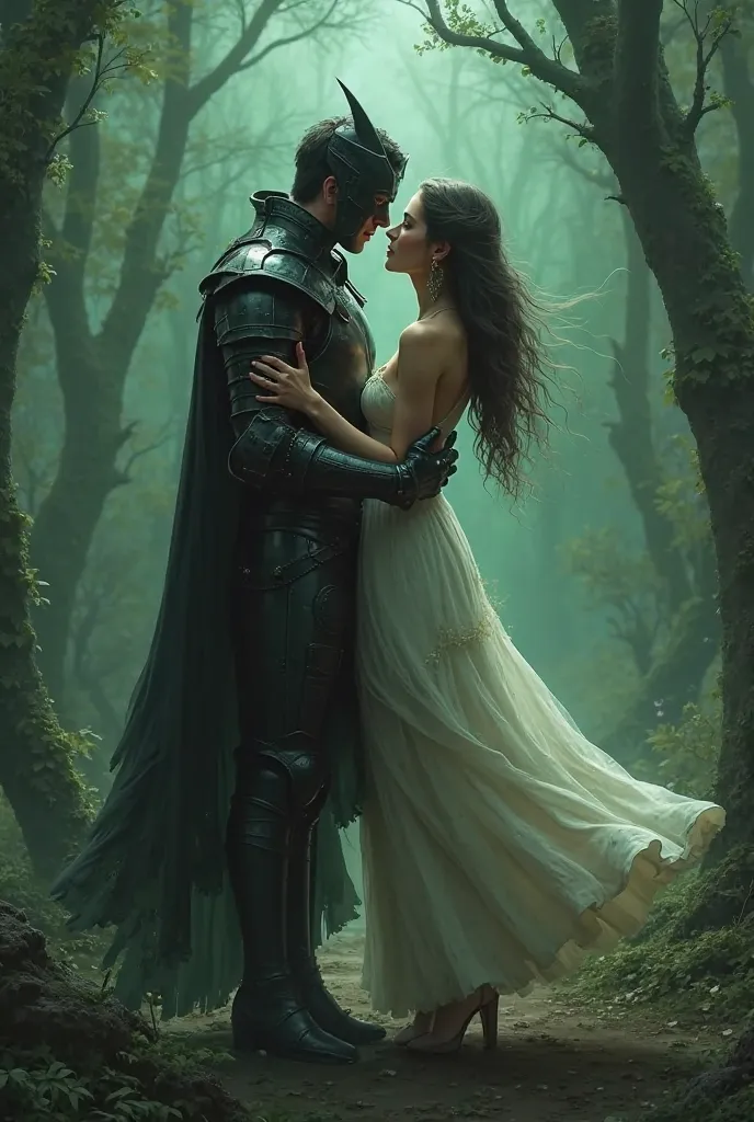 Edgy cool dark masked knight and beautiful woman in love dancing in a dark green landscape