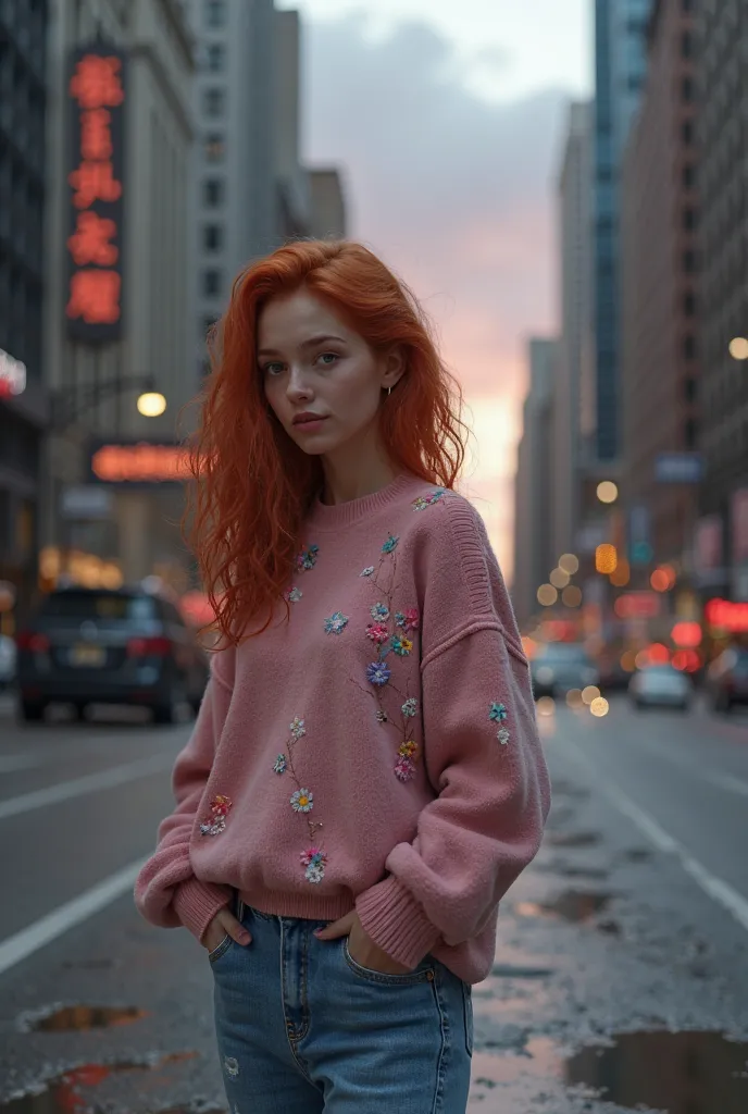 kind,  girl,  European, rosa pullover mit blumenprint, red wavy hair, kind, is on the side of the road, chicago, downtown, clouds in the sky,  dusk , crying, Photorealistic, puddles on the ground, jeans, Realistic photo