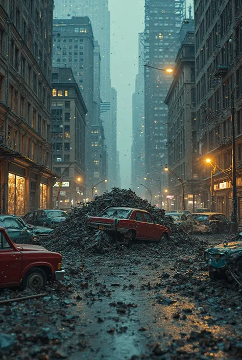 a city street view destroyed and on the street there is a pile of cars smashed and destroyed by mr doom (invisible) from the fantastic 4, in the middle of the street after a huge battle between the fantastic 4 and mr. Doom, diorama style, night scene