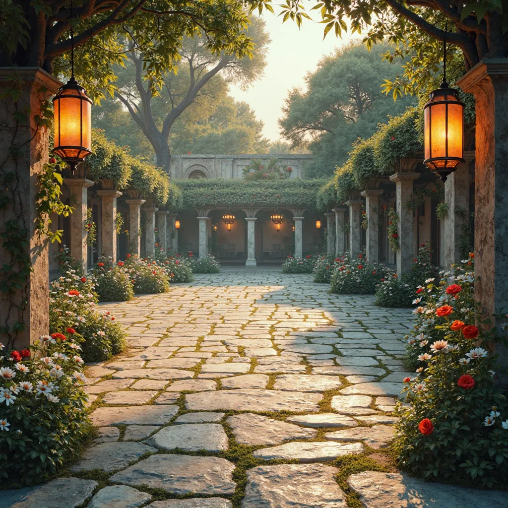 "In a vast and quiet courtyard, bathed in the golden light of dusk, the clear stone floor extends infinitely, covered by moss here and there, with wrought-iron columns that surround the environment, ancient and imposing; from a distance, large flowering tr...