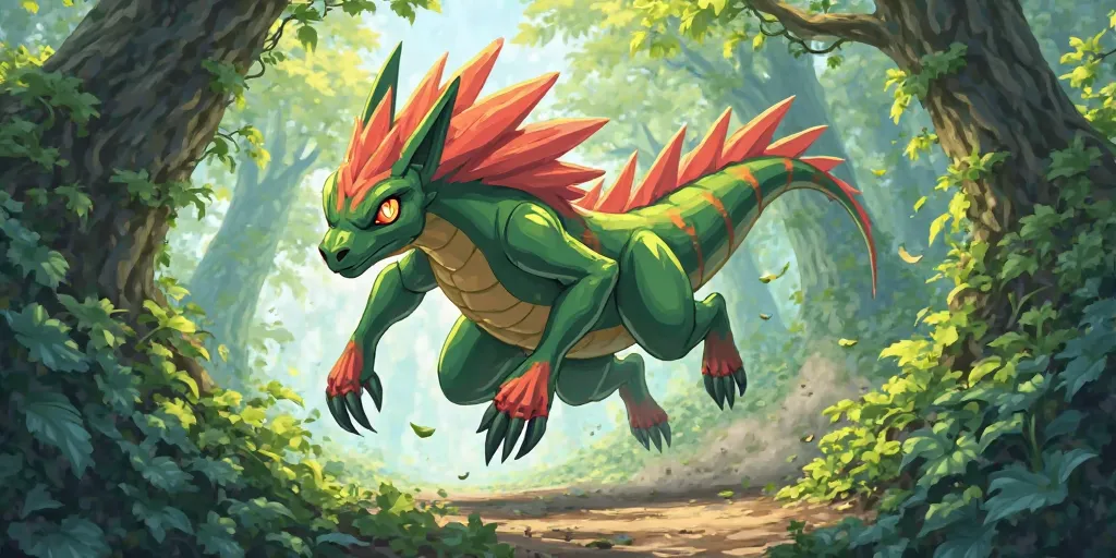 An anime style monster based on pokémon running i  the jungle