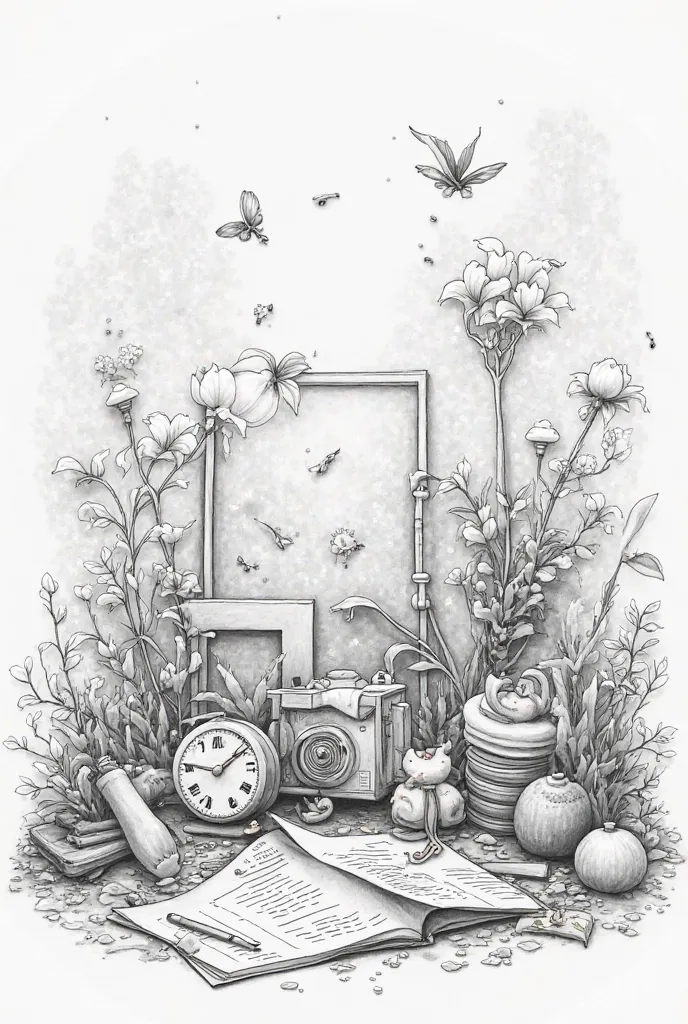 Draw a still life with elements from the Bachelor's degree in Advertising, Mention, Graphic Design, using pencil techniques., Chinese ink and pattern