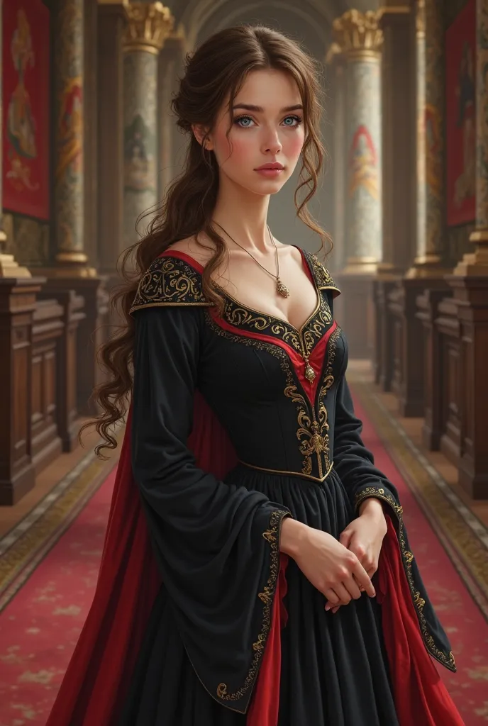 medieval girl in a black silk dress with red lining, brown hair, blue eyes, looks sharp, 20 years old, princess,  in a castle, neat hair, long sleeves, updo hair