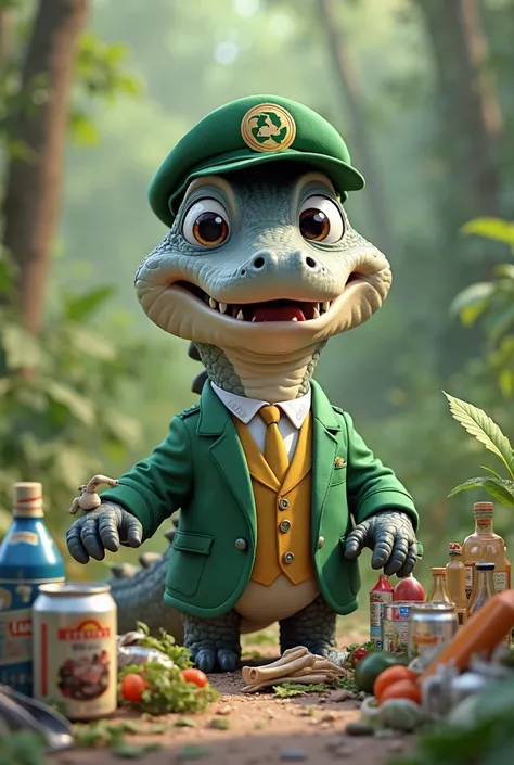 Generate me a picture of a cute cartoonish gray crocodile in a green suit and cap, like he's recycling trash