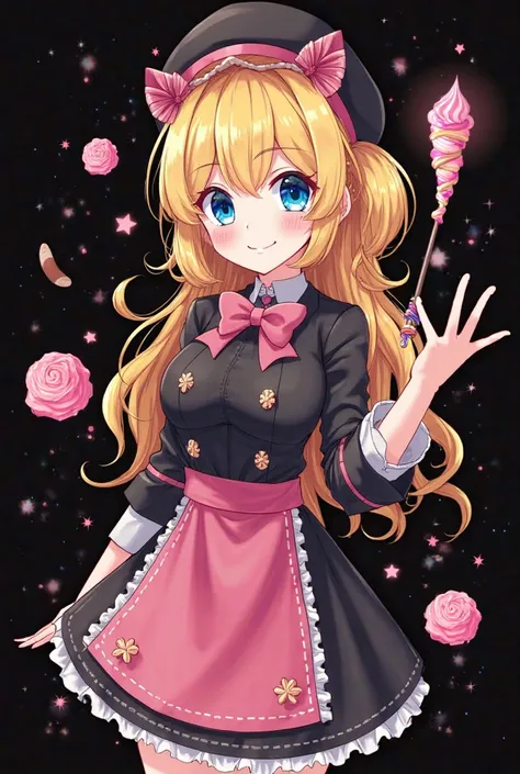 Cheerful digital illustration with blond hair, blue eyes, wearing professional confectionery clothing in black and pink, with a confectionery stream in hand, on a full-body black background