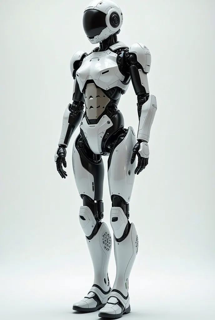 Make a human combat robot so that the floor looks like the female outer body, the armor is white, the inner parts are black and it looks like realism, and I also want the image to have a front view and a back view