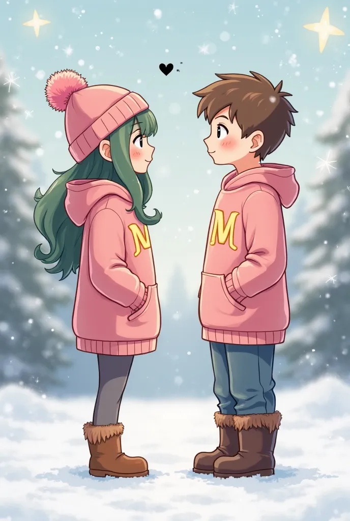 "A cute, anime-style digital illustration of a young couple standing in the snow, gazing at each other with love. The girl has long green hair, wears a pink hoodie with the letter 'M' on it, and a matching pink beanie with fluffy pom-poms. The boy has shor...