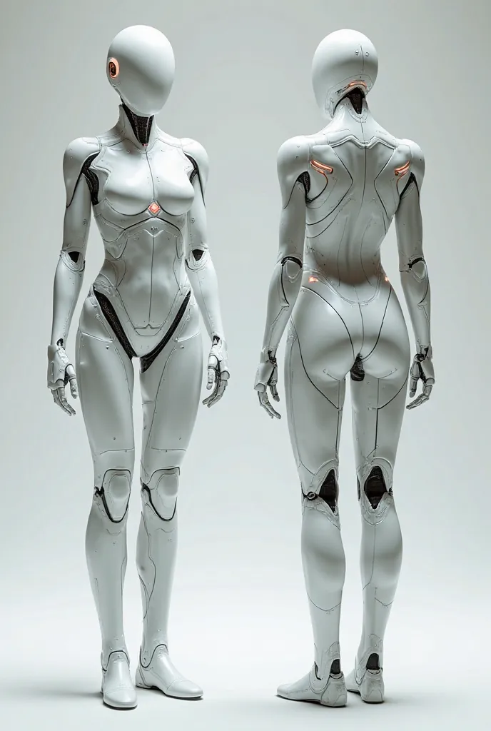 Create two images of a robot of the same robot front view and back view White armour half robot female combat figure looks like a human and shouldn't have a face