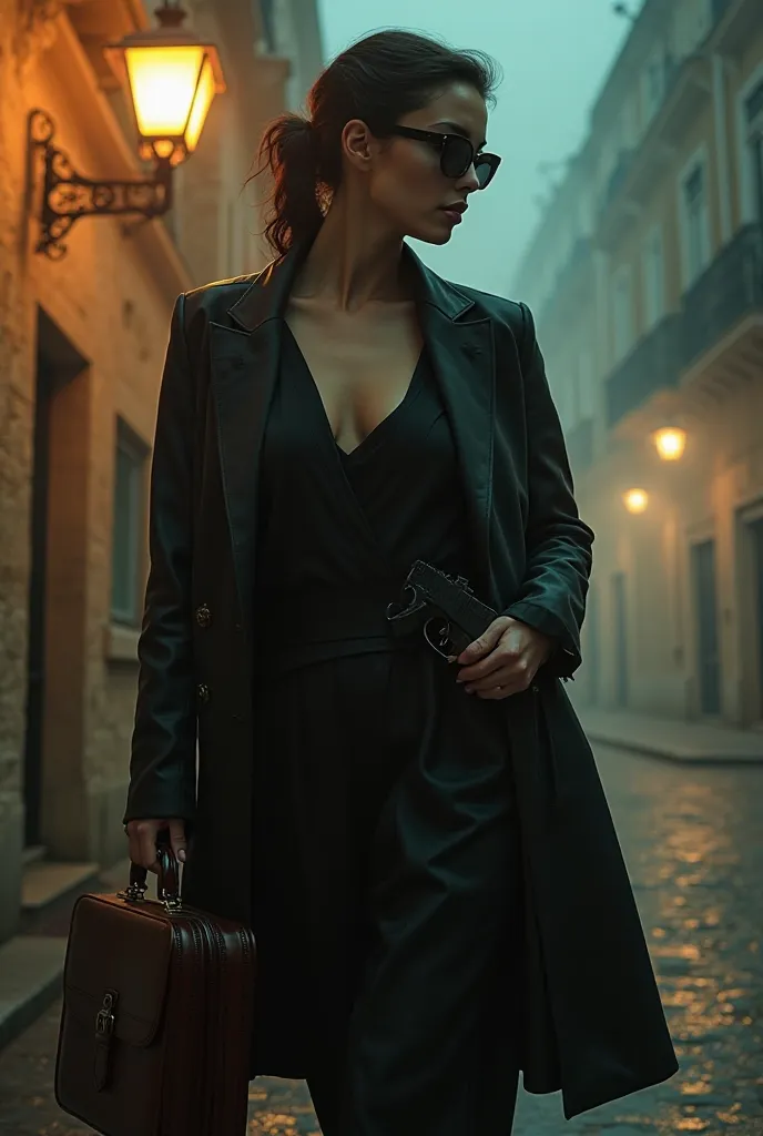 A mysterious elegant woman in coctel dress sunglasses and overcoat under a streetlamp in a foggy Mediterranean city.  She's carrying a briefcase and pulling a gun out of her coat.