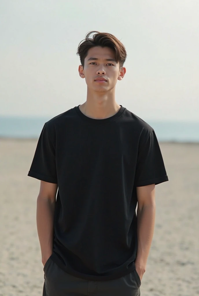 A young man wearing a plain black t-shirt with a wide background 
 