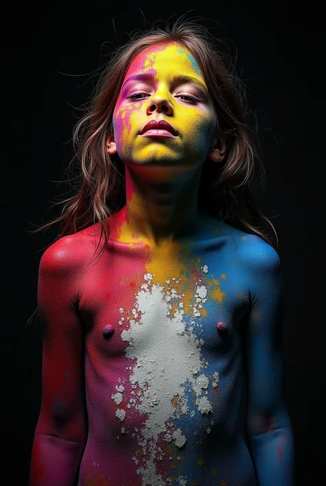 Make me an image of a girl in a sad pose with bursting colours greed ,red ,yellow,blue,purple. Almost as if the colours are dignifying her emotions
On a black background but make her whole body the colours and make them scratchy colours with white bursting...