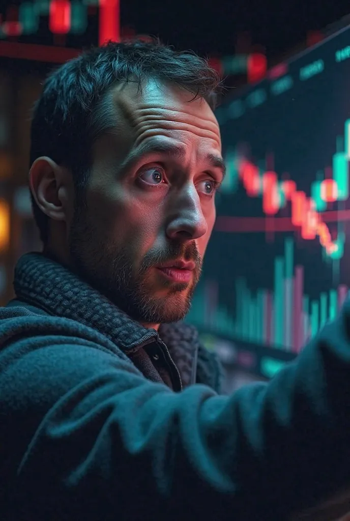 A straight-faced surprised man looking at a trading chart with a highlighted breaker block zone. The background has a futuristic financial theme with glowing candlestick charts. Cinematic lighting with high contrast and dramatic shadows. The text ‘Trading ...