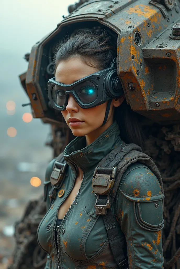 Futuristic girl with an eyepiece to pilot grindark-style mechas