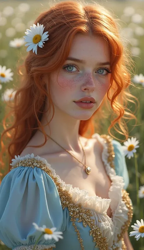 A realistic portrait of a 25-year-old woman with red hair in soft waves and a small, a single pretty beautiful daisy in her hair, with big blue eyes and freckles on the cheeks and nose, gentle look at the viewer, open lips ,  small nose , she wears an azur...