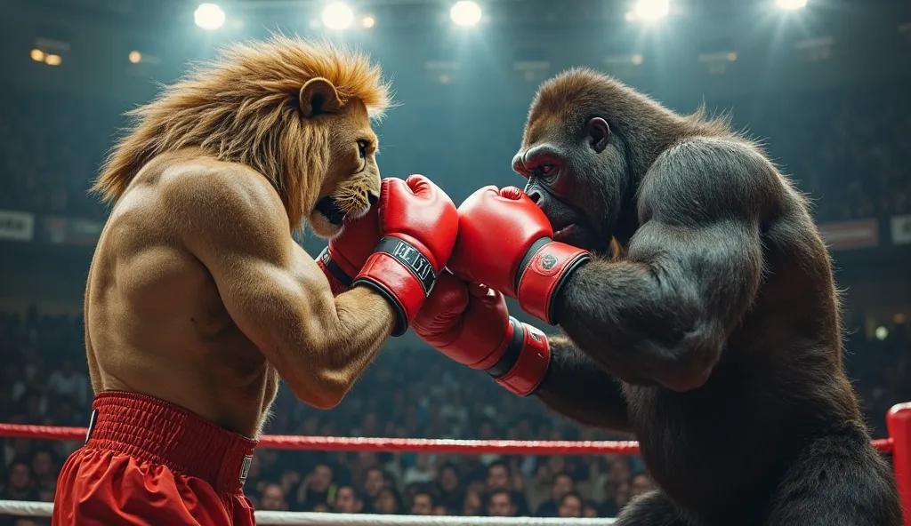 "A fierce lion and a powerful gorilla, both wearing red boxing gloves, engage in an intense and fierce battle inside a professional boxing ring. They exchange rapid, powerful punches, each strike landing with force. The lion’s mane flies with every movemen...