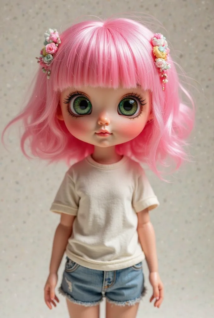 Pretty doll with big green eyes pink hair wearing shorts and a T-shirt .fait du jet
