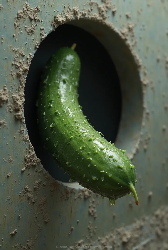 remote view of a realistic elongated wet cucumber peeking horizontally out of a small round hole in the wall in any environment