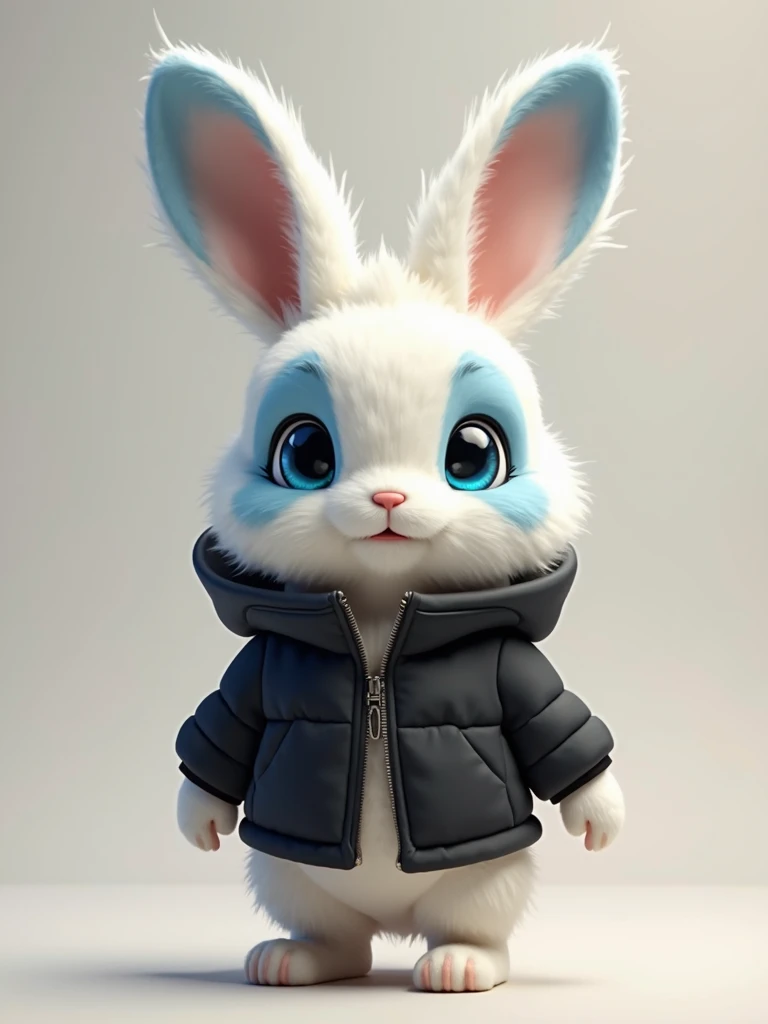 ((White and Blue bunny))
(( blue eyes ))
((Bunny standing)) 
((with comfortable black jacket)) 