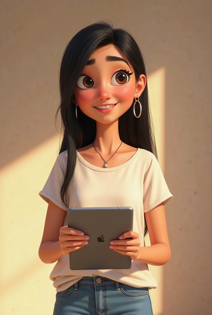 Pixar-style animation of a 22-year-old white Argentinian girl with long straight black hair , dark brown eyes,  ROUND FACE EYEBROWS, standing in front, Happy smiling with your teeth, and a small mole under the lip on his left side, He is wearing a loose sh...