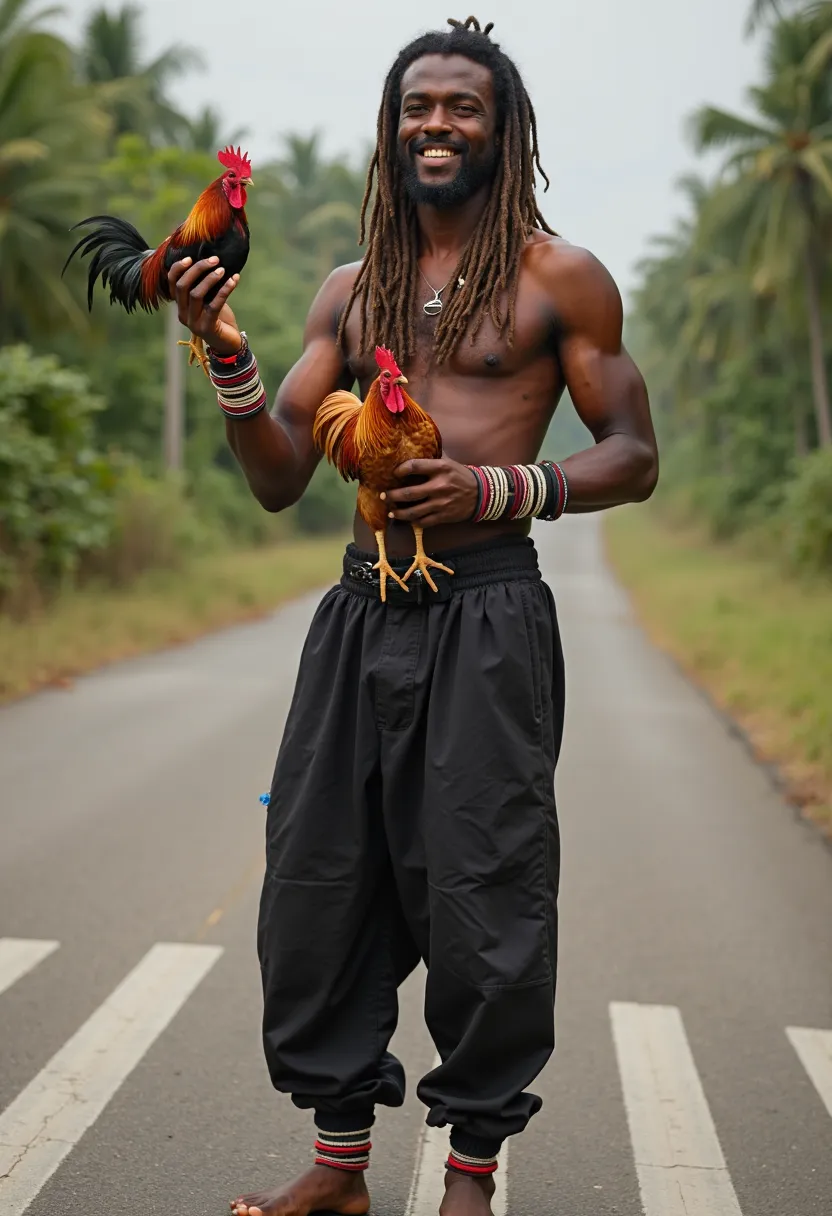 Black man 35 years old realistic photo , grin Maroto and Cafageste in close. Long hair with dreads with moustaches with black balloon pants , barefoot on the wrist black red and white bracelets holding a rooster in his hand on a three-pointed road in the b...