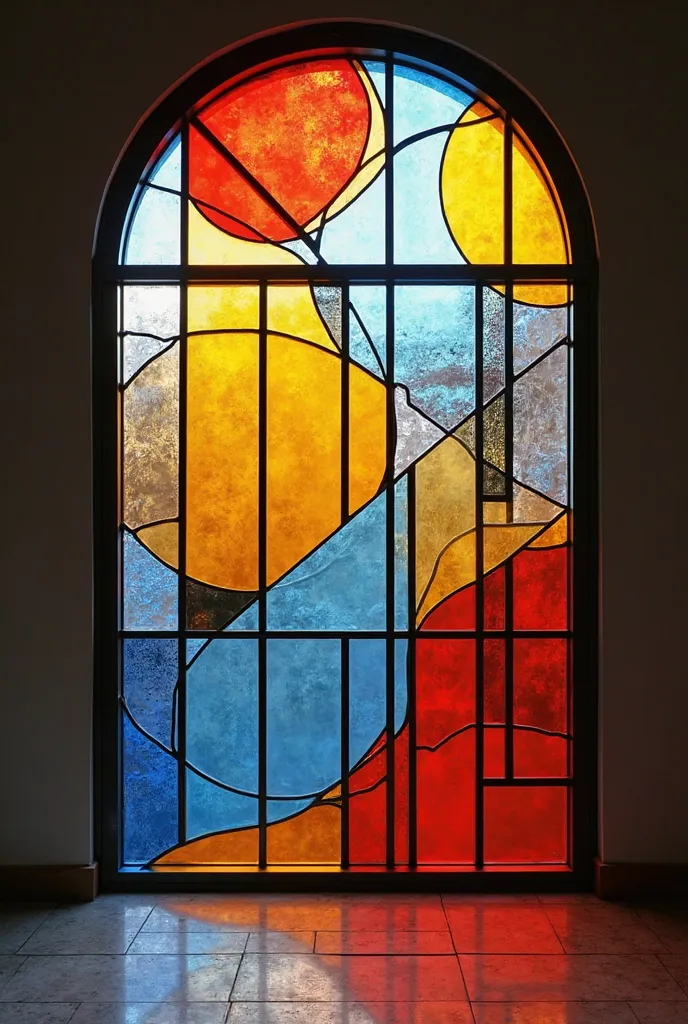 

Create a modern stained glass window with abstract geometric shapes, featuring bold lines and vibrant colors, with a contemporary and minimalist design