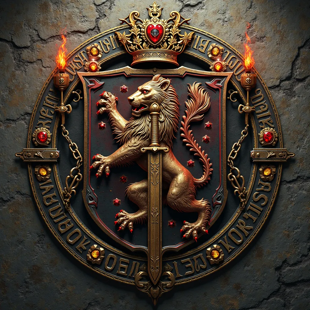 "An intricate medieval coat of arms, com detalhes goldens e prateados, design centered on an aged stone background. The coat of arms has a classic, with a rampant lion holding a sword in one hand and a scroll in the other. Around the coat of arms, medieval...