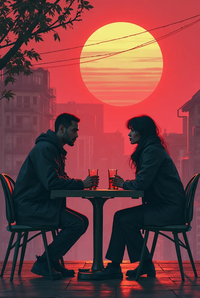 there are two people sitting at a table with drinks and a sign, an album cover by Bernie D’Andrea, tumblr, realism, kda and sam yang, frank franzzeta and sakimichan, tyler edlin and natasha tan, ruan jia and brom, sakimichan and frank franzzeta, smooth in ...