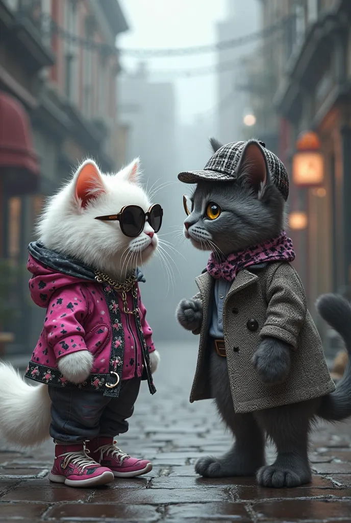 hyper realistic  persian cat Trendsetter Tina, a stylish white Persian cat with fluffy fur, oversized sunglasses, a chunky silver chain, and a pink and black galaxy baggy streetwear outfit standing opposite each other and making hand shakewith realistic De...