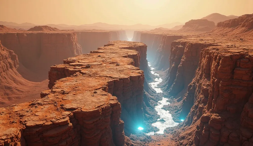 A cinematic animation revealing evidence of water on Mars, transitioning smoothly between two keyframes. The first frame showcases a wide aerial shot of Mars’ barren, reddish terrain, with deep canyons, dried riverbeds, and sedimentary rock formations unde...