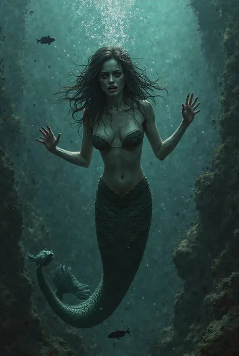 A female mermaid, positioned centrally in the underwater scene, is depicted with a distressed, fearful expression.  She has pale skin, with visible veins and bone-like structures on her arms and face. Her eyes are wide and intensely dark, conveying a sense...