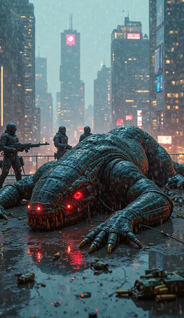 A hyper-realistic scene on a rain-drenched rooftop in the heart of a neon-lit cyberpunk metropolis. The focus is on a massive, biomechanical monster sprawled across the wet rooftop—its hulking body a grotesque fusion of organic muscle and high-tech cyberne...