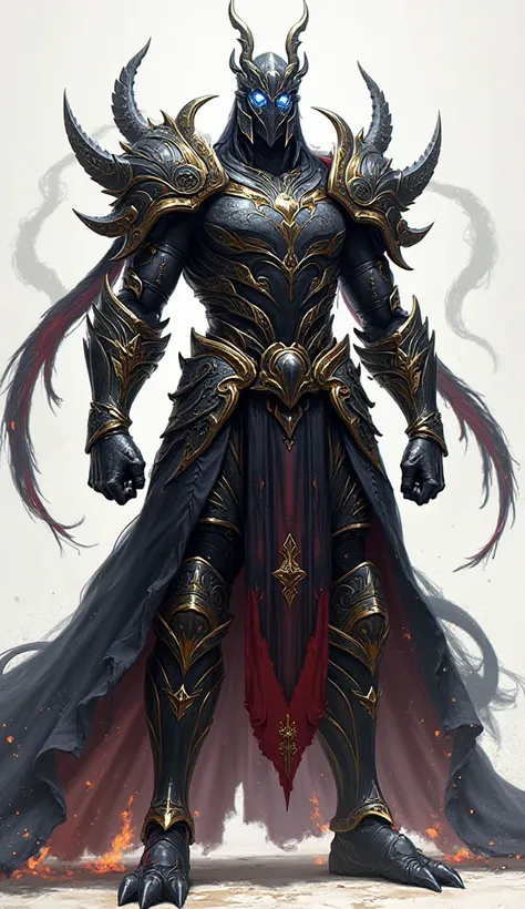 A towering, menacing six-armed warrior clad in elegant black armor with gold and red accents. His armor is adorned with intricate gold engravings, giving him a regal yet fearsome presence. Flowing black and red robes extend from his waist, lined with gold ...