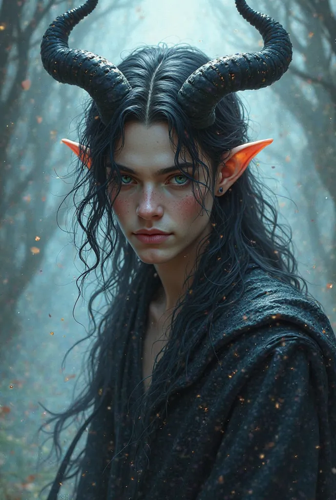 Young adult male with horns and wavy hair