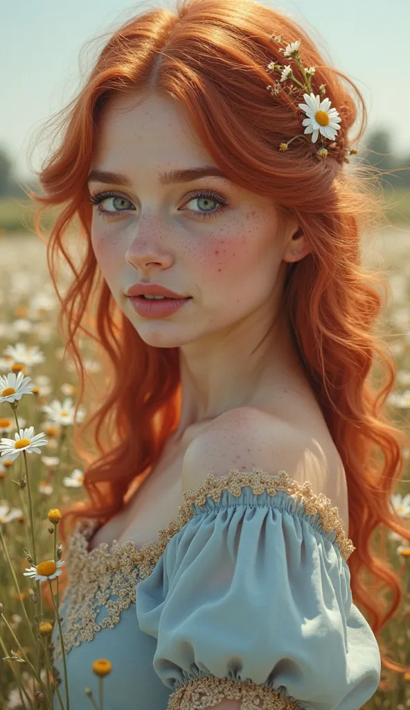 A realistic portrait of a 25-year-old woman with red hair in soft waves and a small, a single pretty beautiful daisy in her hair, with big blue eyes and freckles on the cheeks and nose, gentle look at the viewer, open lips ,  small nose , she wears an azur...