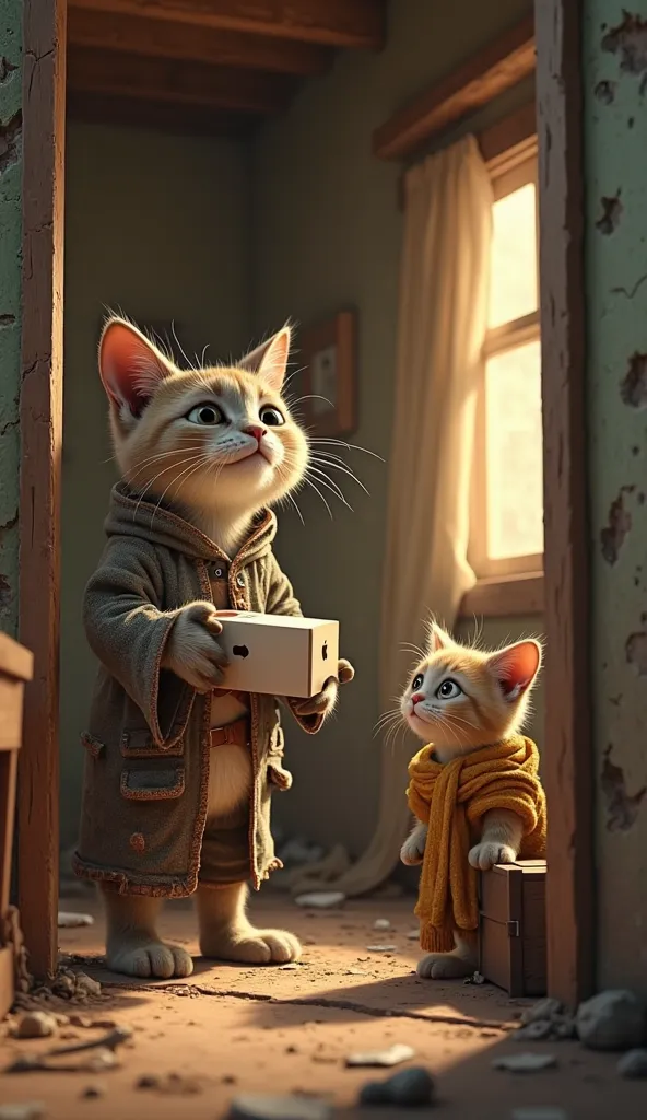 "3D Pixar-style digital artwork of an older cat wearing torn, patched clothes, entering a small, rundown house with cracked walls and noisy surroundings. The cat holds an iPhone box in his paws, looking emotional. Inside, his small kitten with patched clot...