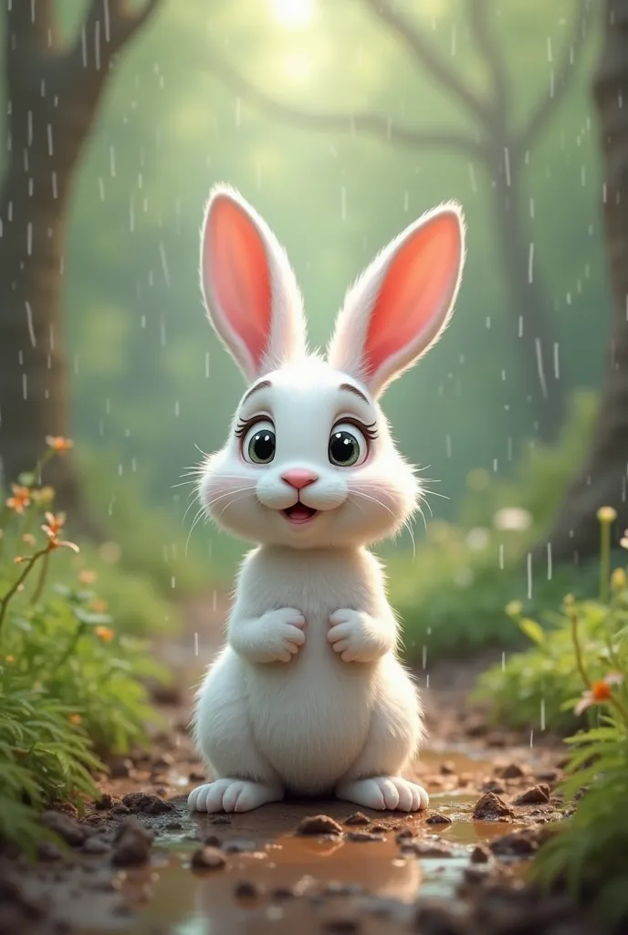 Create 3d image of this prompt  इमेज प्रॉम्प्ट:
"A cute, fluffy white rabbit with long ears and bright, curious eyes, standing on a muddy forest path. The rabbit looks slightly embarrassed and surprised, with a small amount of mud on its fur. The backgroun...