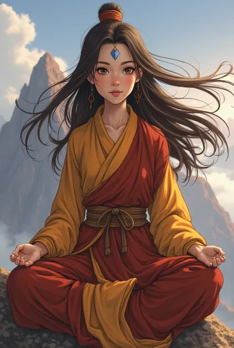 Make images for me: a very beautiful  with long brown hair flying in the wind and brown eyes (She is Avatar Aang's twin sister) She wears monk clothes she is on top of a mountain in a meditation position she belongs to the universe of the cartoon Avatar Th...