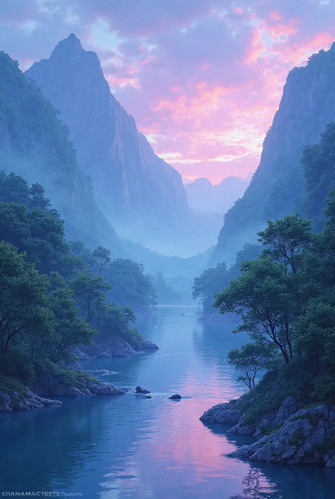 It creates a landscape with blue, purple and violet colors and a river in the middle of 2 mountains, next to many leafy trees.
