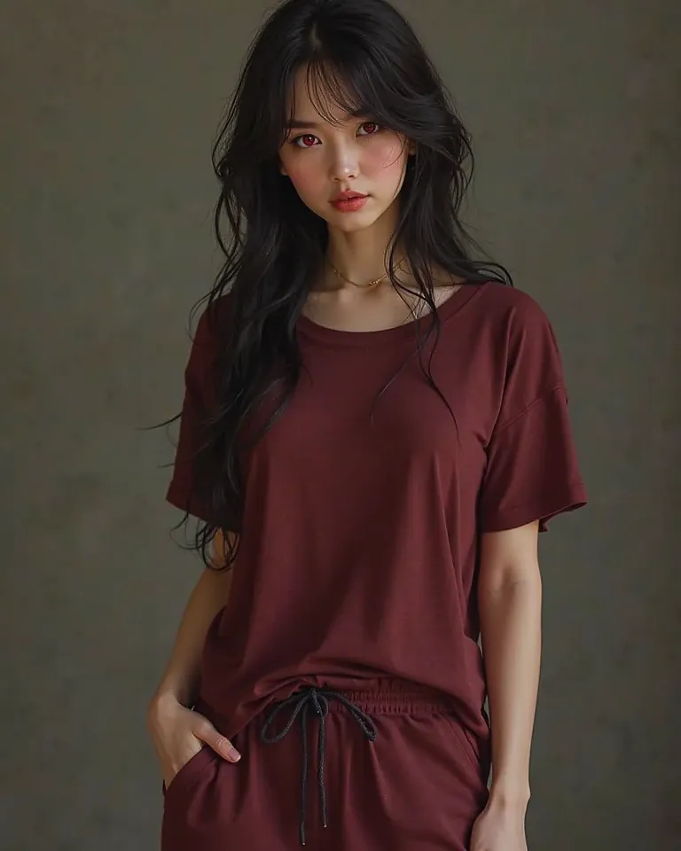 Slender curvy girl with black hair wet after a shower, fair skin with a slight blush and red eyes, wearing burgundy pajama pants and a burgundy oversized T-shirt