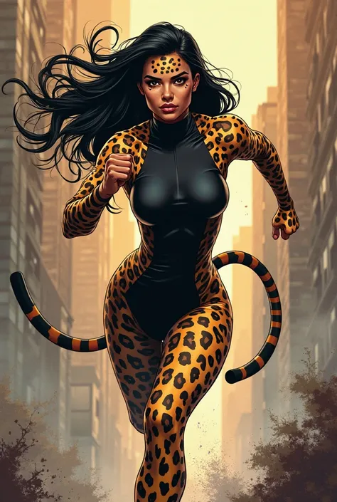 Anime/comic female cheetah superhero with cheetah print skin long black hair sleeveless black spandex bodysuit 