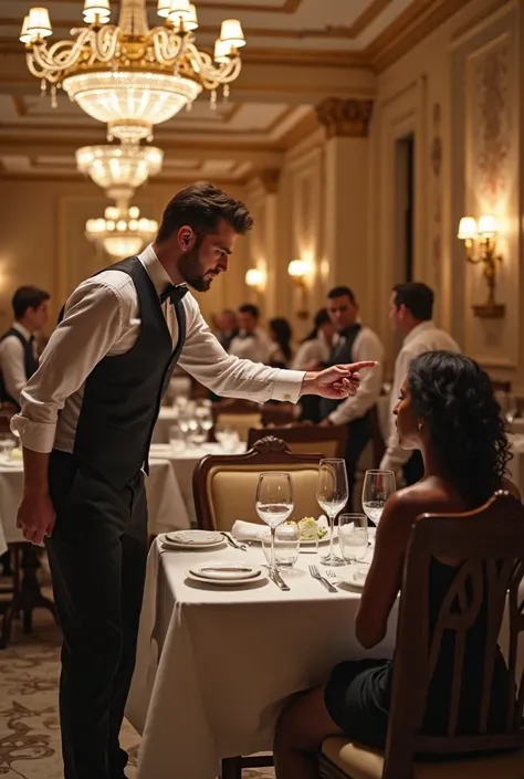 A highly tense and dramatic scene inside a luxurious 5-star restaurant, captured in a 16:9 aspect ratio. A young, white male server, with an expression of fury and arrogance, is aggressively pointing his finger at a Black female customer sitting at a table...