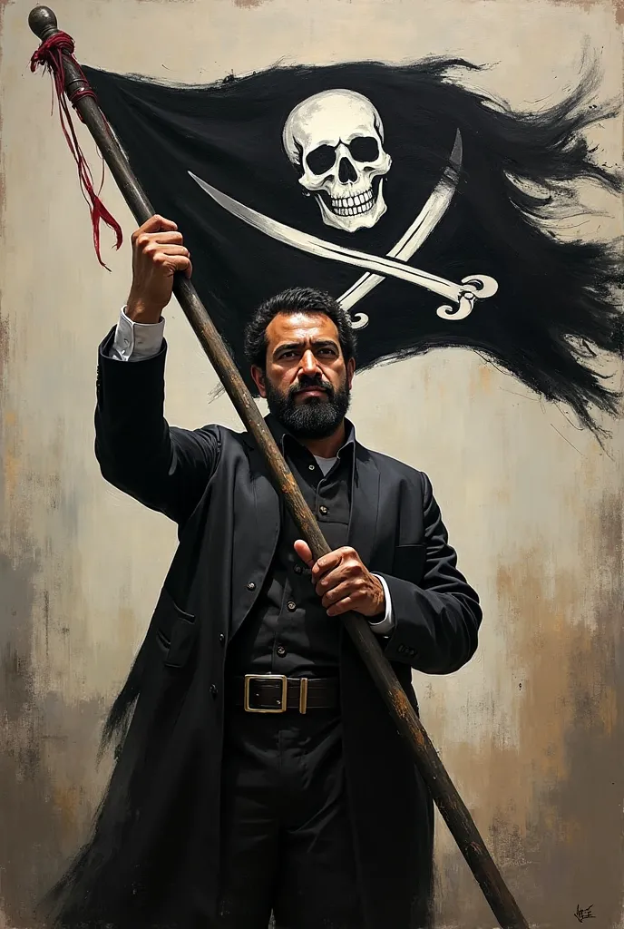 I want a painting of Nasser Al-Terras holding a black flag with the head of a pirate and this supporter is standing holding it with both hands 